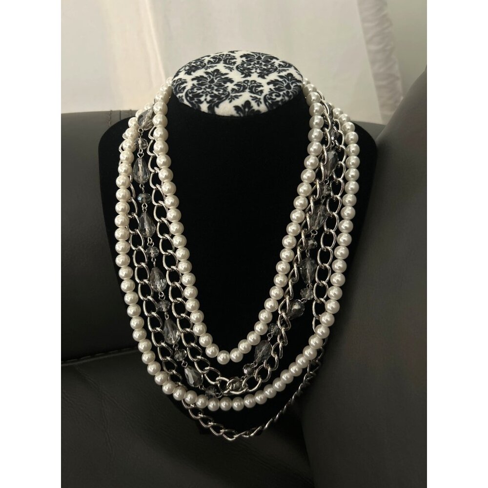 Elegant Multi-Strand Faux Pearl & Silver Chain Necklace With Crystal Accents